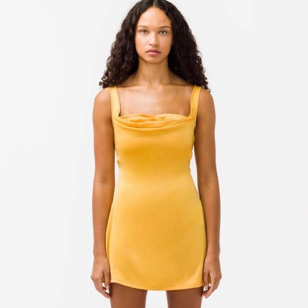 NWT Miaou Ginger Silky Draped Ruched Cowl Sleeveless Mini Dress Mustard Yellow